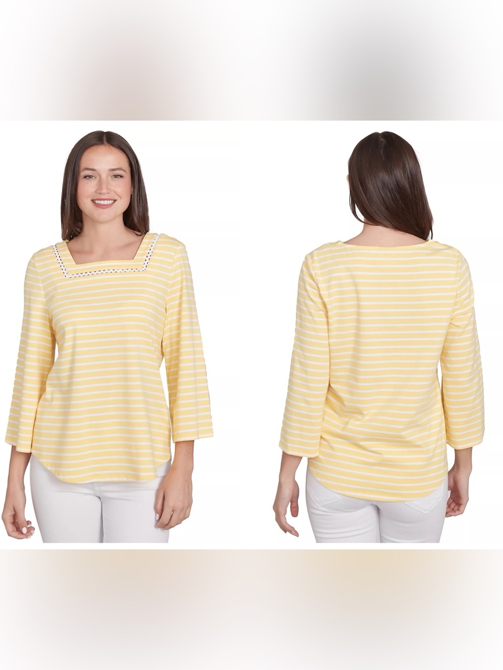 Ruby Rd Cotton Striped Yellow & White  Square Neck with Trim Top Size 1X